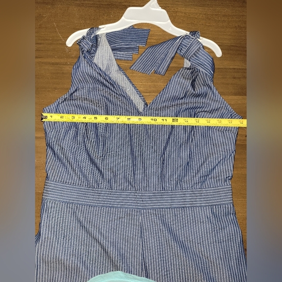 Cremieux Ribbon Tie Strap Blue White Pinstripe Romper Size 10 - Picture 13 of 13